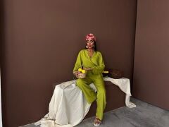 Kruvaze Model Klasik Pantolonlu Çupra Keten Takım 10191