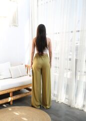Keten Önü Çapraz Parçali Lasti̇kli̇ Ve Bağcikli Geni̇ş Paça Pantolon