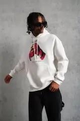Erkek Eldiven Baskılı Kapüşonlu Sweat - Beyaz