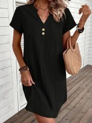 Kadın Kısa Kollu V Yakalı Düğmeli Müslim Kısa Elbise
