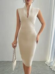 Kadın Sıfır Kol Derin V Yakalı Ithal Krep Elbise