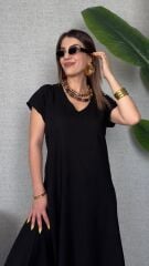Kadın Kısa Kollu V Yaka Salaş Maxi Boy Elbise
