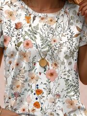 Kadın Kısa Kollu Bisiklet Yaka çiçek Desenli Viskon Bluz