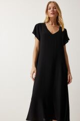 Kadın Kısa Kollu V Yaka Salaş Maxi Boy Elbise