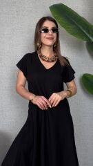 Kadın Kısa Kollu V Yaka Salaş Maxi Boy Elbise