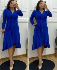 Krep Kumaş Midi Boy Kuşaklı Uzunkol Elbise