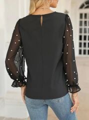 Kadın Uzun Kollu Bisiklet Yaka Kollar Incili Tül Detaylı Ithal Krep Bluz