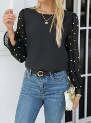 Kadın Uzun Kollu Bisiklet Yaka Kollar Incili Tül Detaylı Ithal Krep Bluz