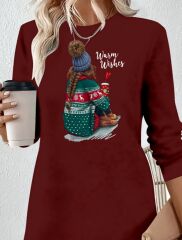 Kadın Uzun Kollu Bisiklet Yaka Desenli Viskon Iki Iplik Elbise