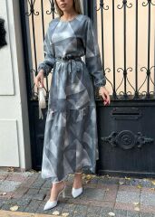 Kadın Uzun Kollu Bisiklet Yaka Geometrik Desen Baskılı Kuşak Dahil Maxi Boy Elbise