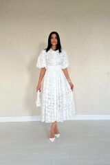 Ekru Kemerli Balon Kollu Elbise