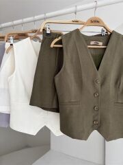 Yelek Şort Flamlı Keten Takım 10133-17