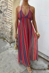 Askılı Pile Detaylı Renkli Maxi Elbise 2748