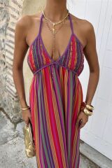 Askılı Pile Detaylı Renkli Maxi Elbise 2748