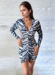 Kadın V Yaka önü Asansör Büzgü Detay Fırsat ürün Zebra Mini Elbise