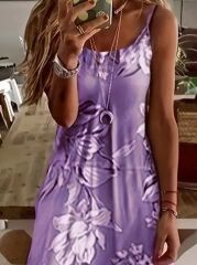 Kadın Askılı Yuvarlak Yaka Etek Geniş Kesim Desenli Süprem Elbise