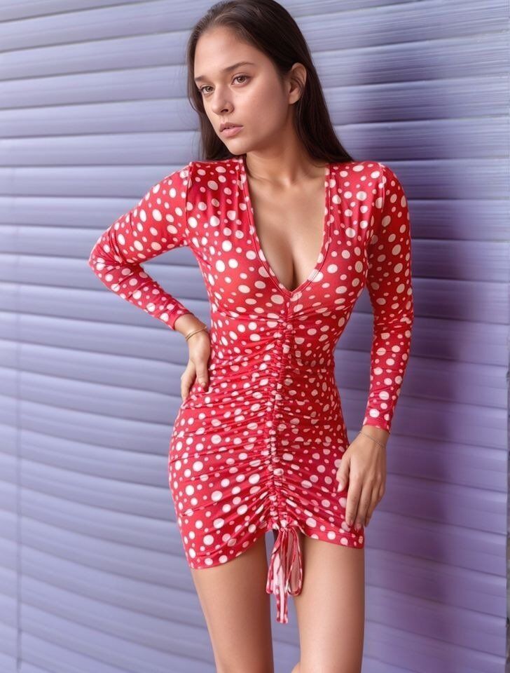 Kadın V Yaka önü Asansör Büzgü Detay Fırsat ürün Puantiyeli Mini Elbise