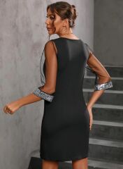 Kadın Truvakar Kollu V Yaka Kollar Tüllü Yaka Ve Bilekler Payet Detay Krep Elbise