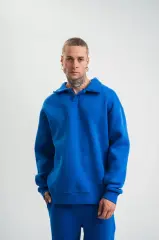 Unisex Double Oversize Patlı Yaka  SweatShirt - Mavi