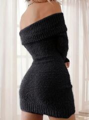 Kadın Uzun Kollu Omuzlardan Açık Kısa şardonlu Triko Elbise