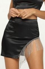 Fermuarlı Yan Etek Ucu Oval Zincir Detaylı Deri Mini Etek