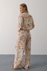 Çiçek Desen Önü Bağlamalı Pantolon Takım - Taş
