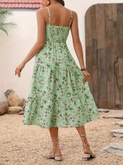 Kadın Ip Askılı Geniş V Yakalı Desenli Uzun Süprem Elbise