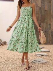 Kadın Ip Askılı Geniş V Yakalı Desenli Uzun Süprem Elbise