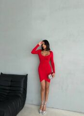 Kadın Uzun Kollu Göğüs Ve Sırt Dekolteli Kruvaze Etek Detay Fırsat ürün Mini Elbise