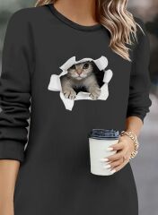 Kadın Uzun Kollu Bisiklet Yaka Kısa Viskon Iki Iplik Elbise