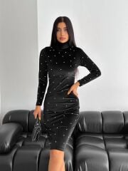 Kadın Balıkçı Yaka Inci Detay Fırsat ürün Kadife Kumaş Mini Elbise