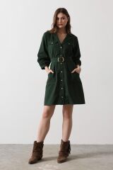 Kemer Detaylı Gabardin Elbise - Haki