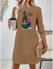 Kadın Uzun Kollu Bisiklet Yaka Desenli Viskon Iki Iplik Elbise