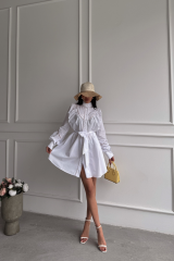 ÖNDEN DÜĞMELİ POPLİN KLOŞ ELBİSE BAĞLAMA KEMER DETAYLI - Beyaz