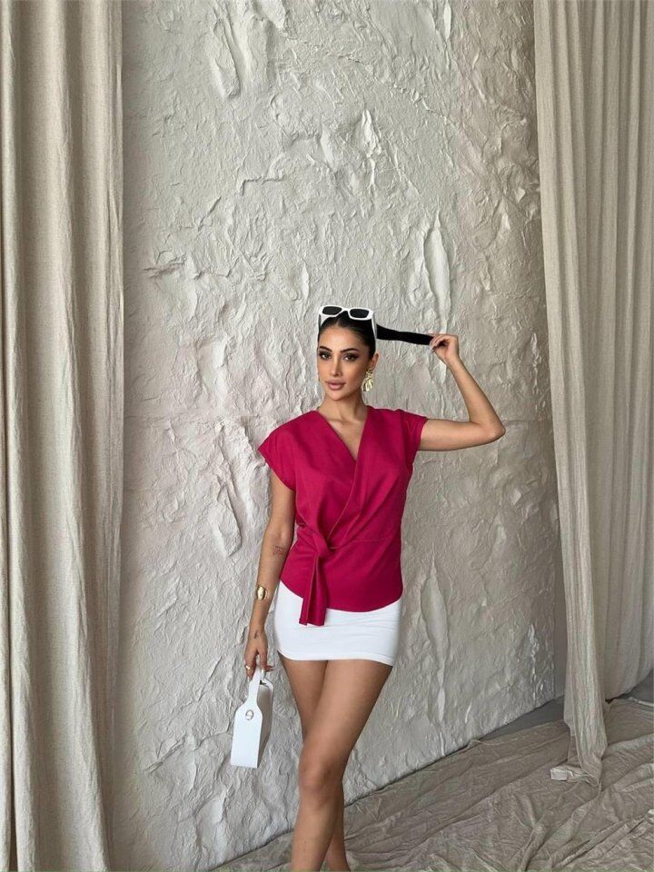 YANDAN BAĞLAMA DETAYLI KOLSUZ BLUZ - Fuşya