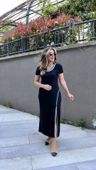 Kadın Yuvarlak Ribana Yaka Beyaz Yırtmaç Detaylı Viskon Tam Boy Elbise