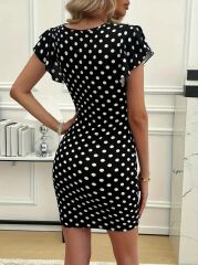 Kadın Kısa Kollu Kruvaze Yakalı örme Puantiyeli Krep Elbise