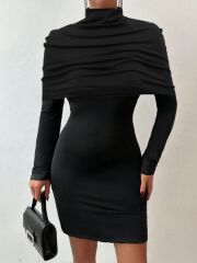 Kadın Uzun Kollu Balıkçı Yaka Omuz Katlamalı Dalgıç Kısa Elbise