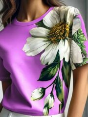 Kadın Kısa Kollu Bisiklet Yaka çiçek Baskılı Süprem Bluz