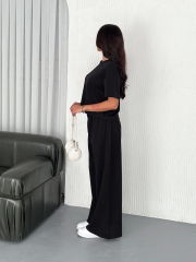 Osy Modal Yumuşak Dokulu Kumaş Bisiklet Yaka T-shirt Bol Paça Pantalon Ikili Takım -Siyah