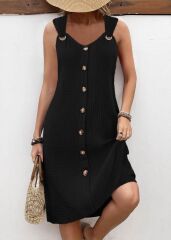 Kadın Askılı V Yakalı önden Düğmeli Narin Elbise