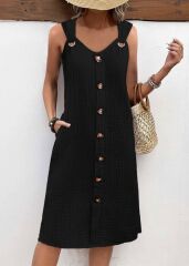 Kadın Askılı V Yakalı önden Düğmeli Narin Elbise