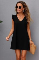 Kadın Kısa Kollu V Yakalı Ithal Krep Elbise
