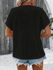 Kadın Kısa Kollu Yakası Açık önden Düğmeli Waffle Bluz