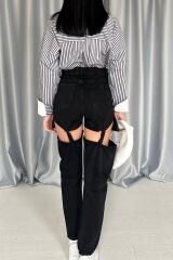 Siyah Askılı İki Parça Jeans Pantolon