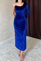 Saks Tek Omuzlu Taş Askılı Elbise