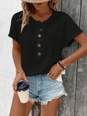 Kadın Kısa Kollu Yakası Açık önden Düğmeli Waffle Bluz