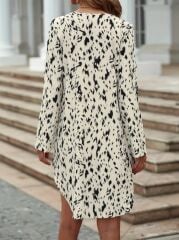 Kadın Uzun Kollu V Yakalı Desenli Kısa Keten Elbise