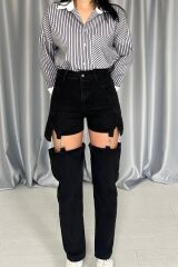 Siyah Askılı İki Parça Jeans Pantolon