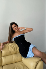 STRAPLEZ POLVİSKON ELBİSE MAVİ FIRFIR DETAYLI - Siyah